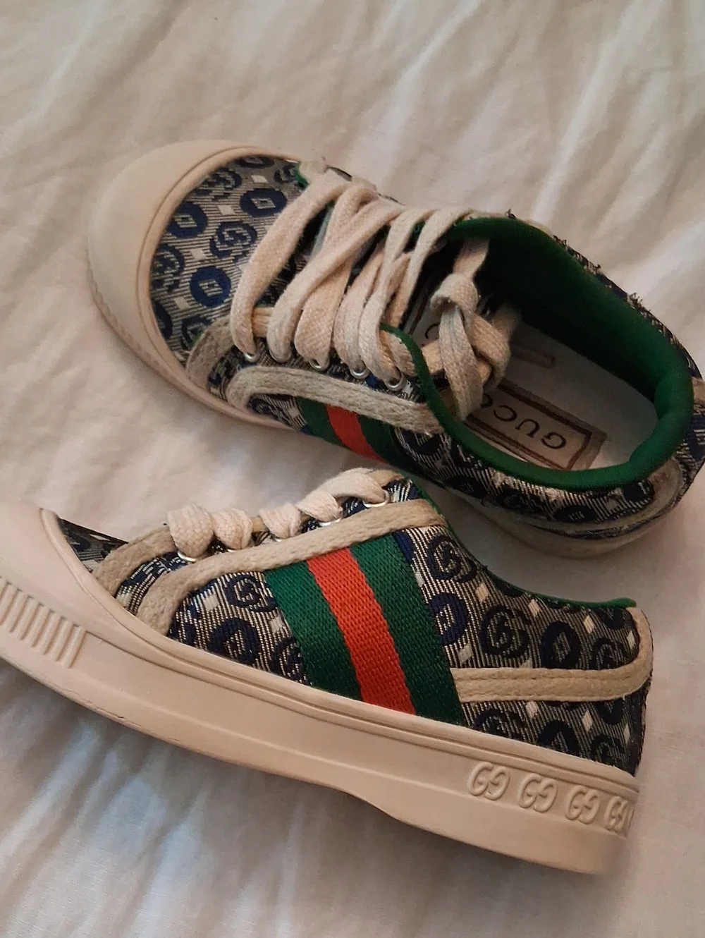 Authentic Gucci Kids Blue Monogram Sneakers with Green & Red Stripe